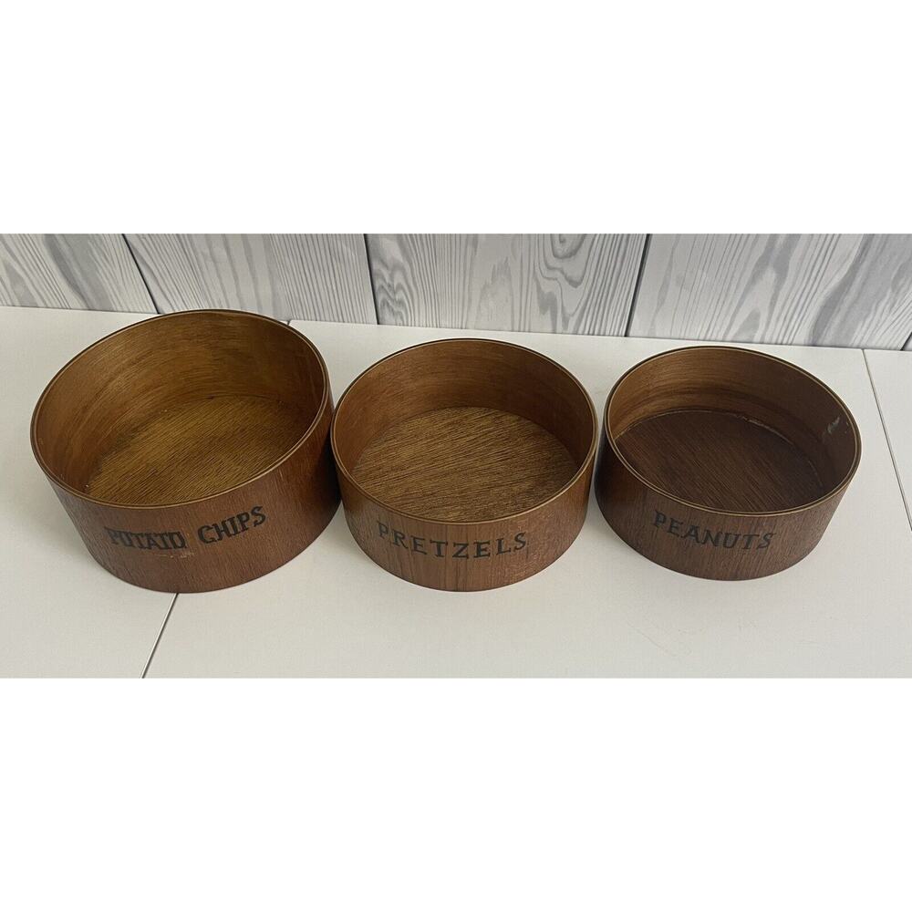 3 Pc Nesting Snack Bowl Set Pretzels Peanuts Chips Mid Century Teak Wood Crest